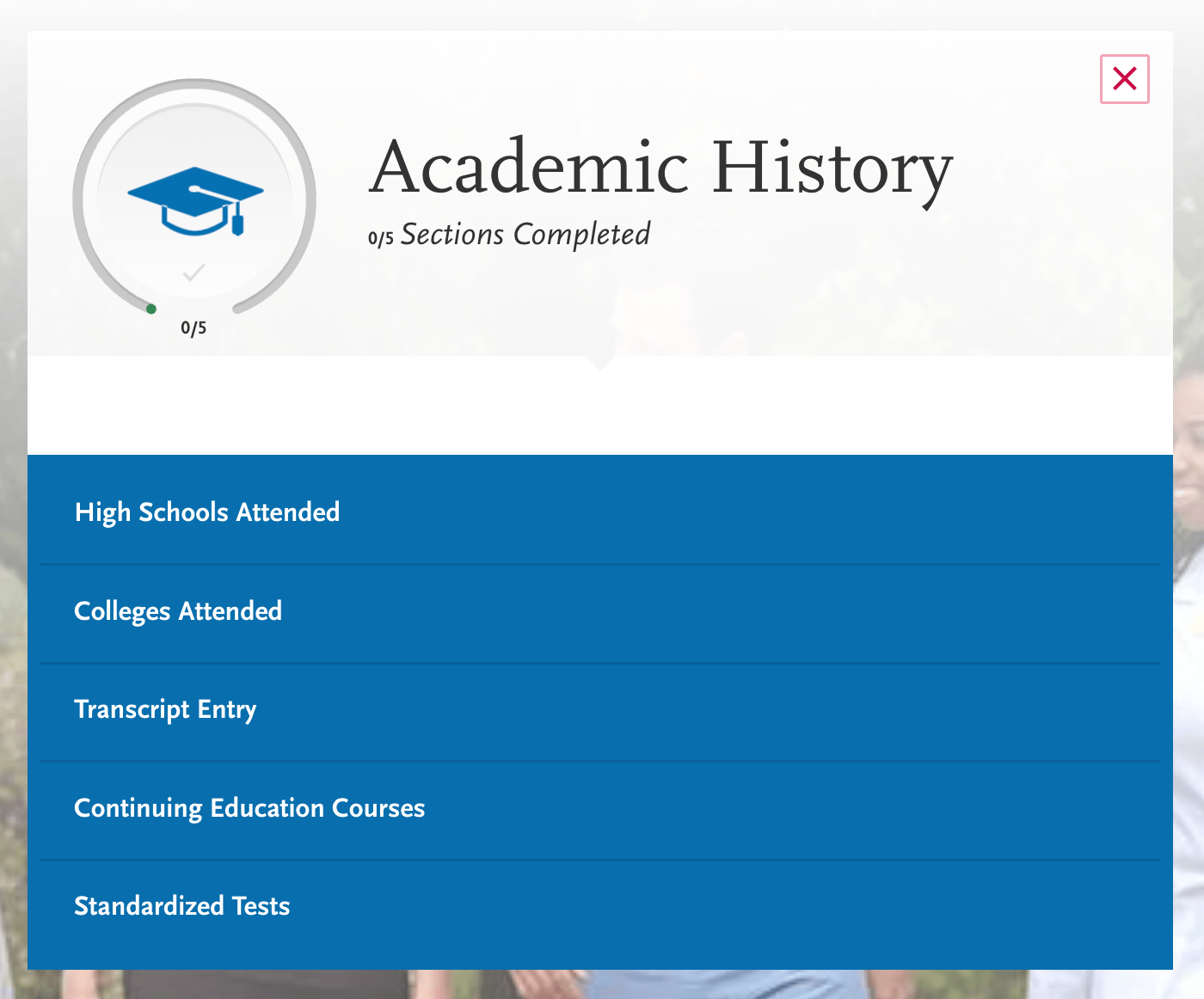 screenshot of AACOMAS application for DO applicants, academic history 5 sections